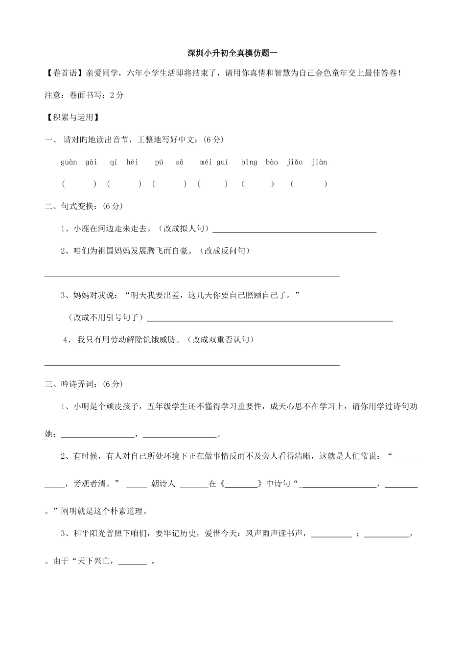 2025年广东省深圳市小升初语文全真模拟题一_第1页