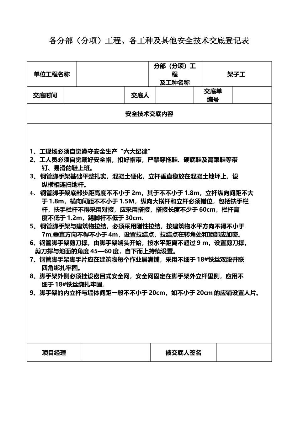 2025年安全技术交底记录表土建全套_第1页