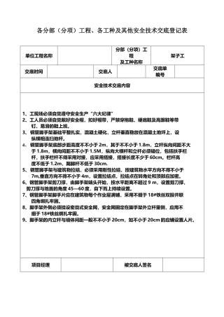 2025年安全技术交底记录表土建全套