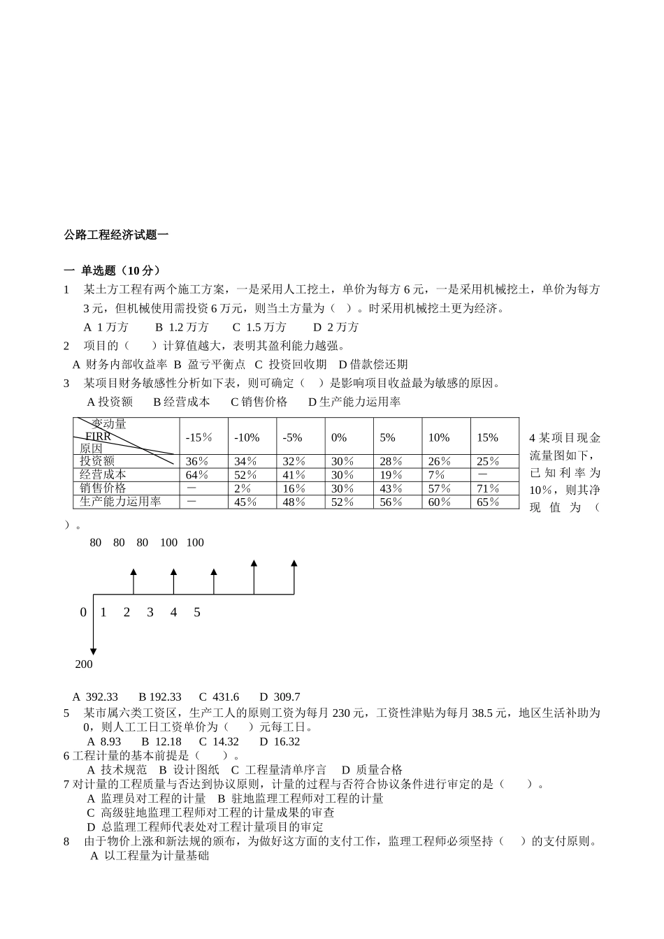 2025年交通部公路工程监理工程师考试公路工程经济题3及答案_第1页