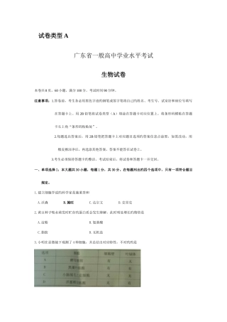 2025年6月广东学业水平生物试题与答案A