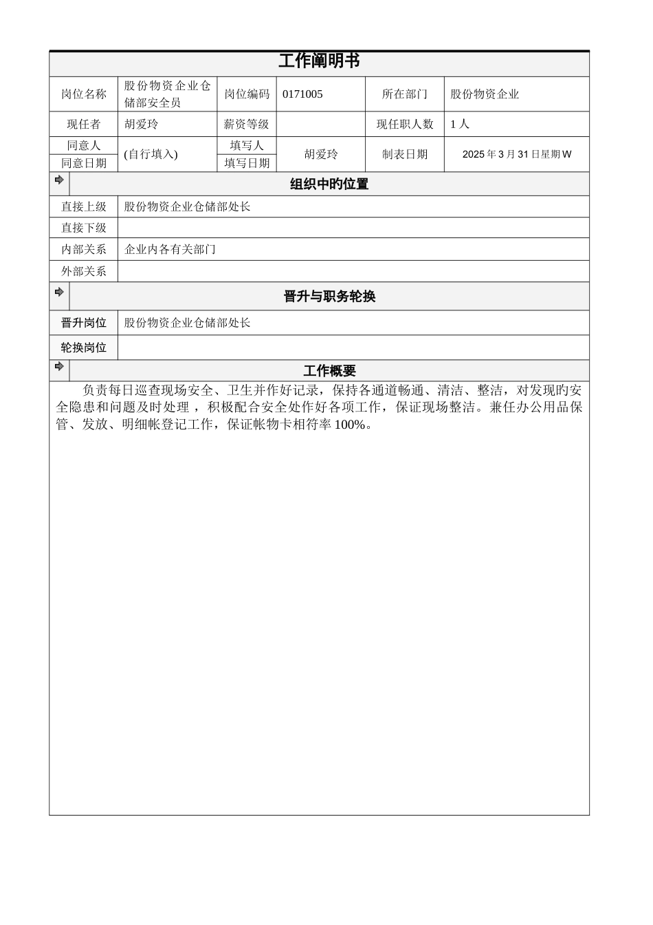 2025年股份物资公司仓储部安全员工作说明书_第1页