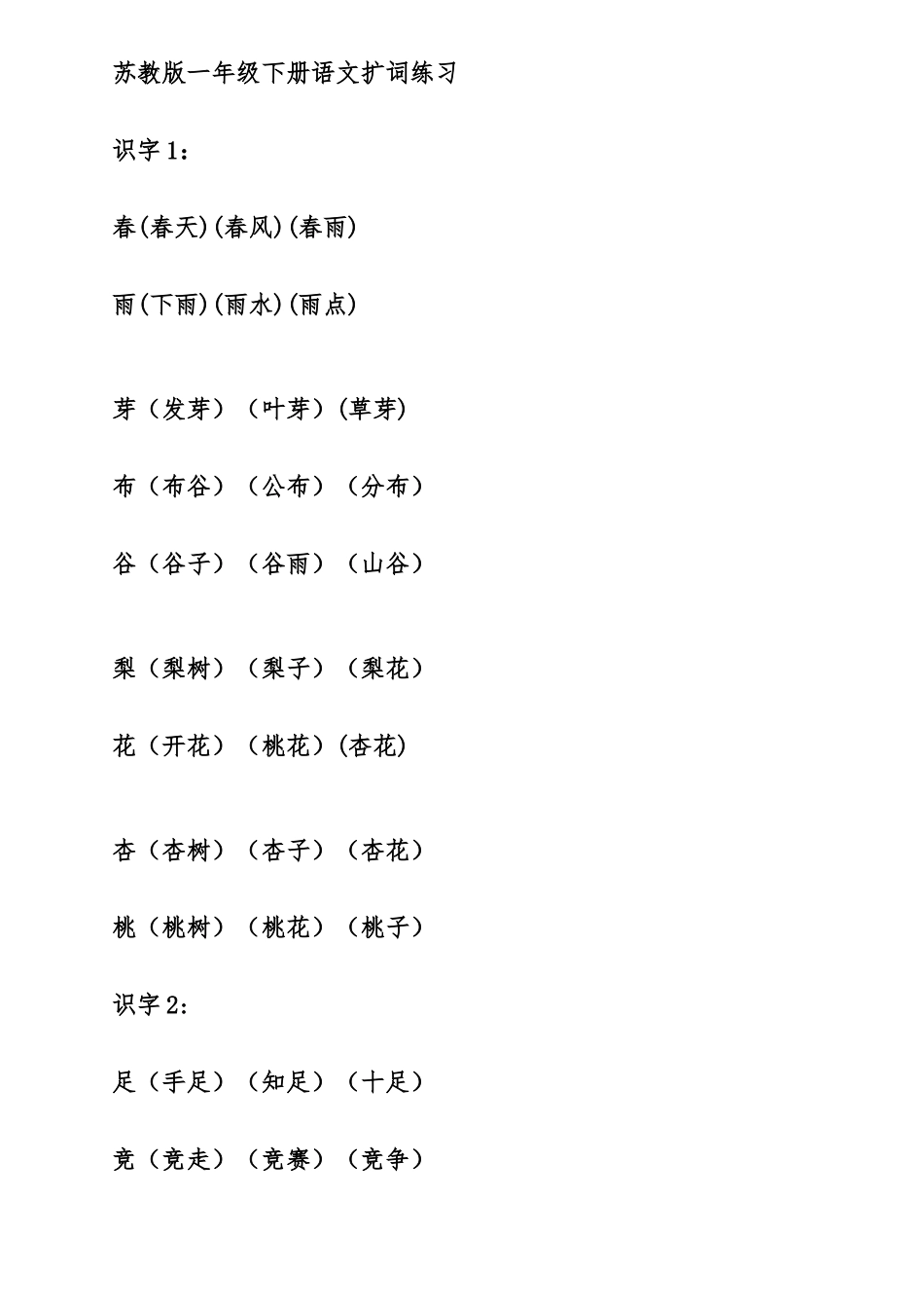 2025年苏教版语文一年级下全册生字扩词_第1页