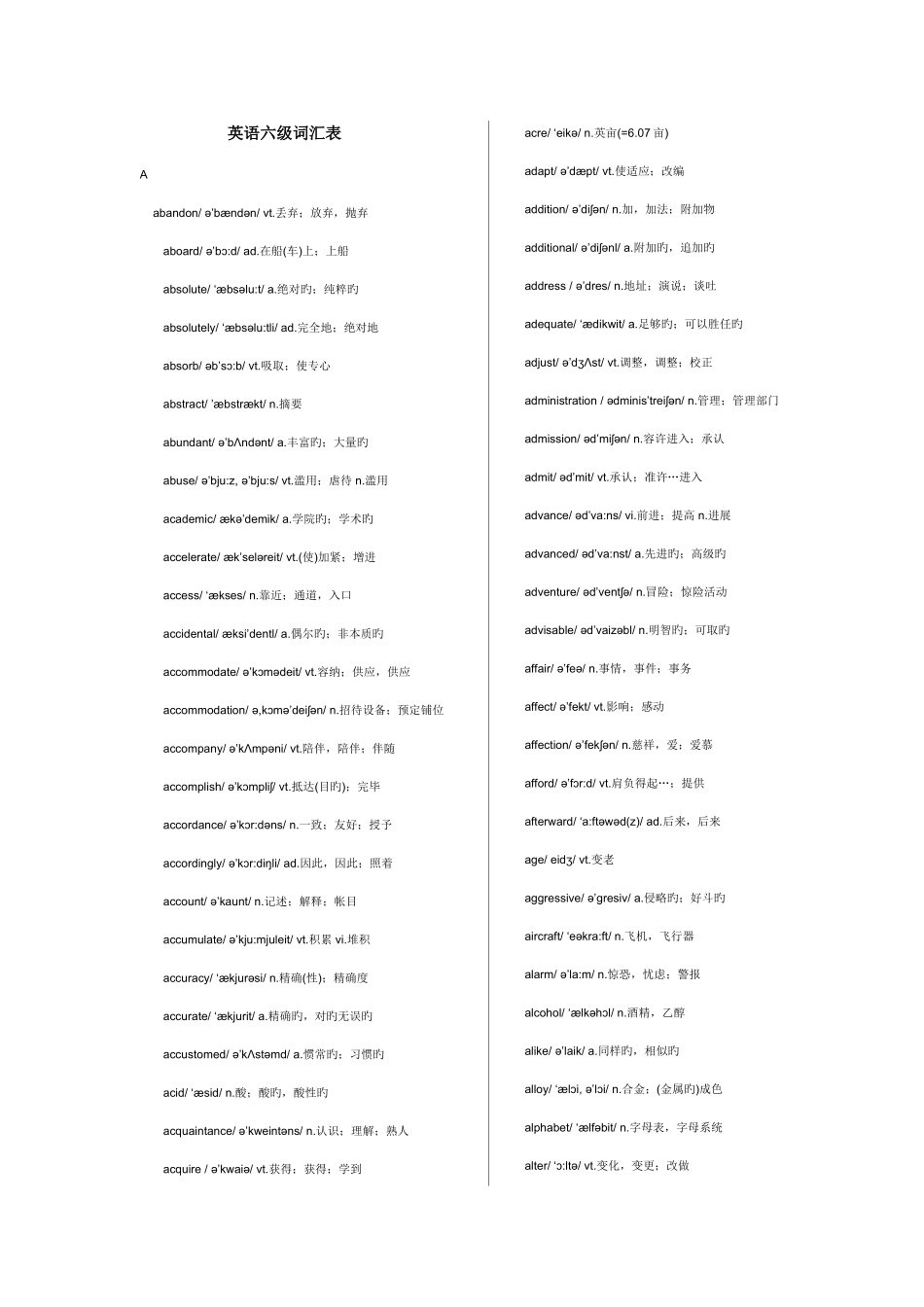 2025年英语六级词汇表带音标打印版_第1页