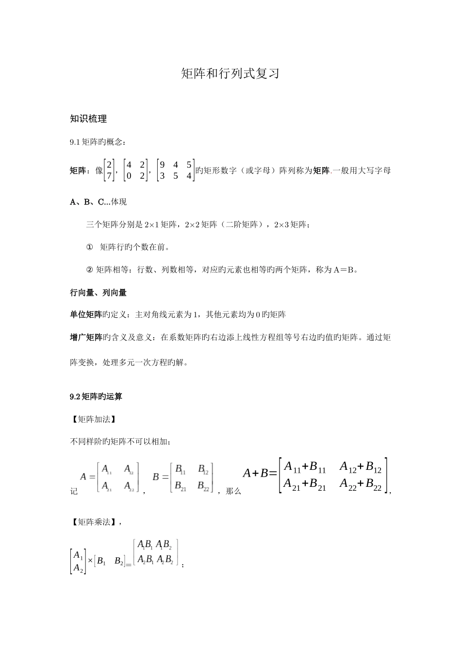 2025年矩阵和行列式复习知识点_第1页