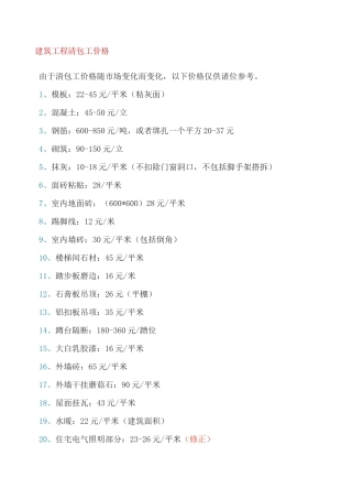 土建工程劳务价格