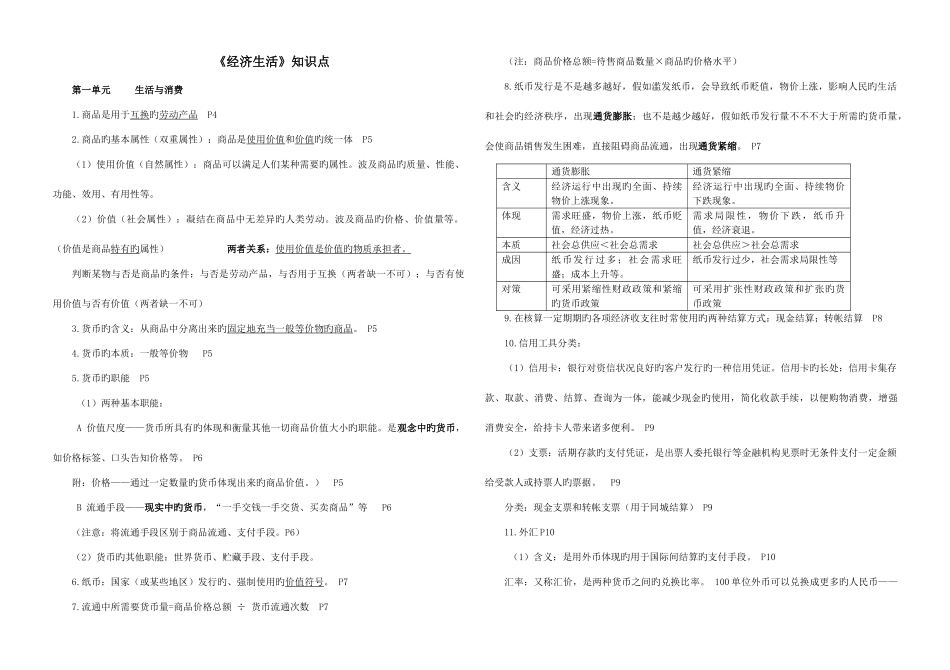 2025年高一经济生活知识点梳理_第1页