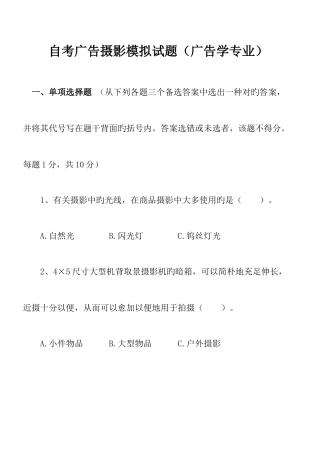 2025年自考广告摄影模拟试题广告学专业