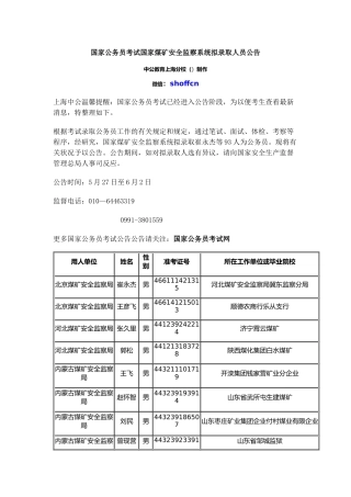 2025年国家公务员考试国家煤矿安全监察系统拟录用人员公示