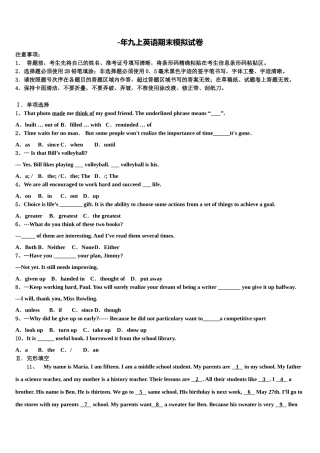 2025年湖南长沙市青竹湖湘一外国语学校英语九上期末学业水平测试模拟试题含解析