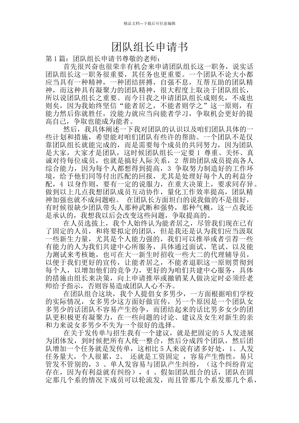 团队组长申请书_第1页