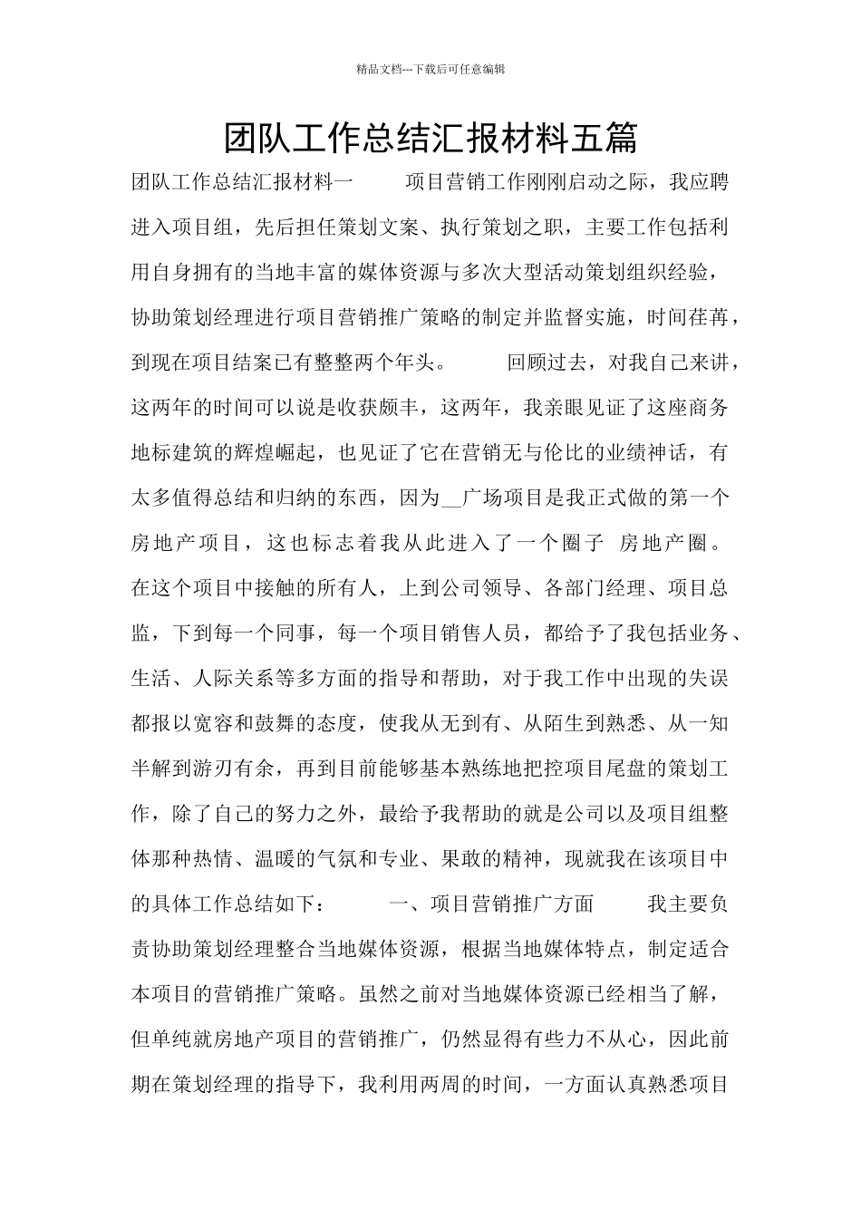 团队工作总结汇报材料五篇_第1页