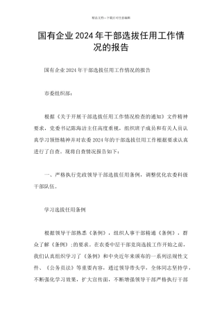 国有企业2024年干部选拔任用工作情况的报告