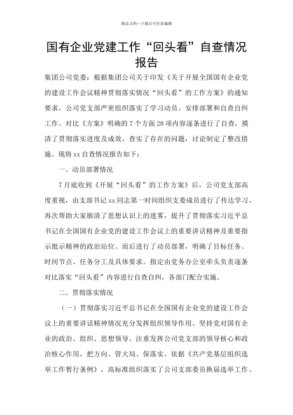 国有企业党建工作“回头看”自查情况报告_第1页