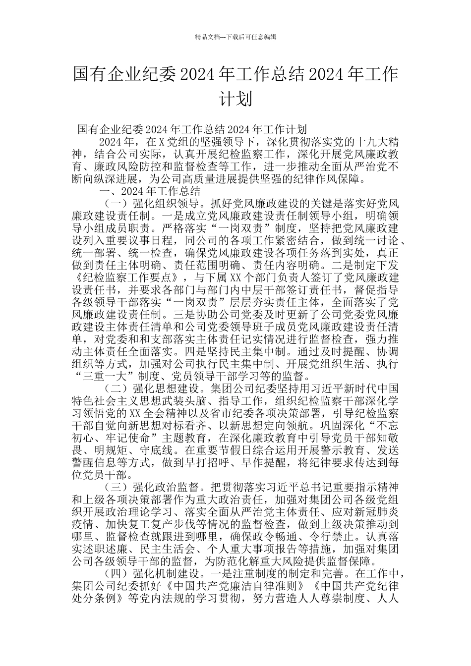 国有企业纪委2024年工作总结2024年工作计划_第1页