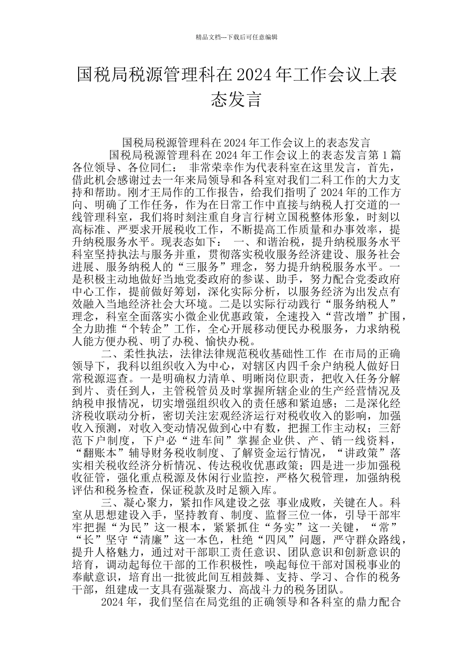 国税局税源管理科在2024年工作会议上表态发言_第1页