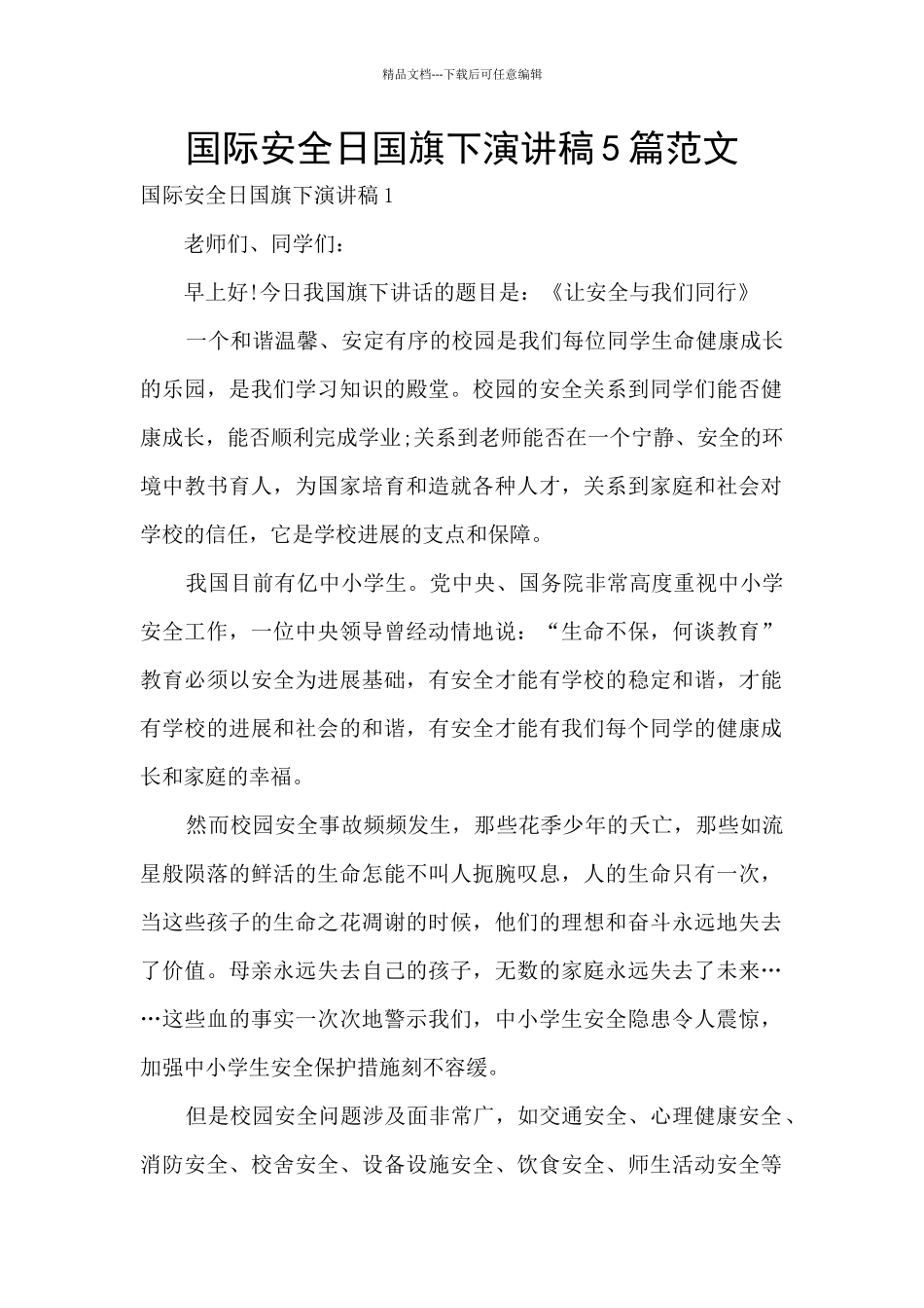 国际安全日国旗下演讲稿5篇范文_第1页