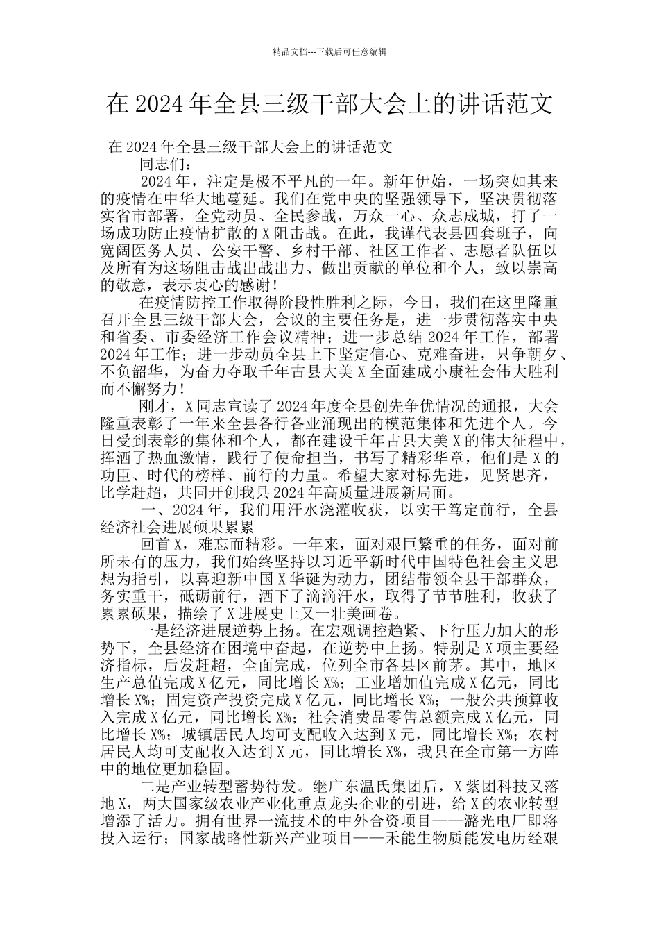 在2024年全县三级干部大会上的讲话范文_第1页