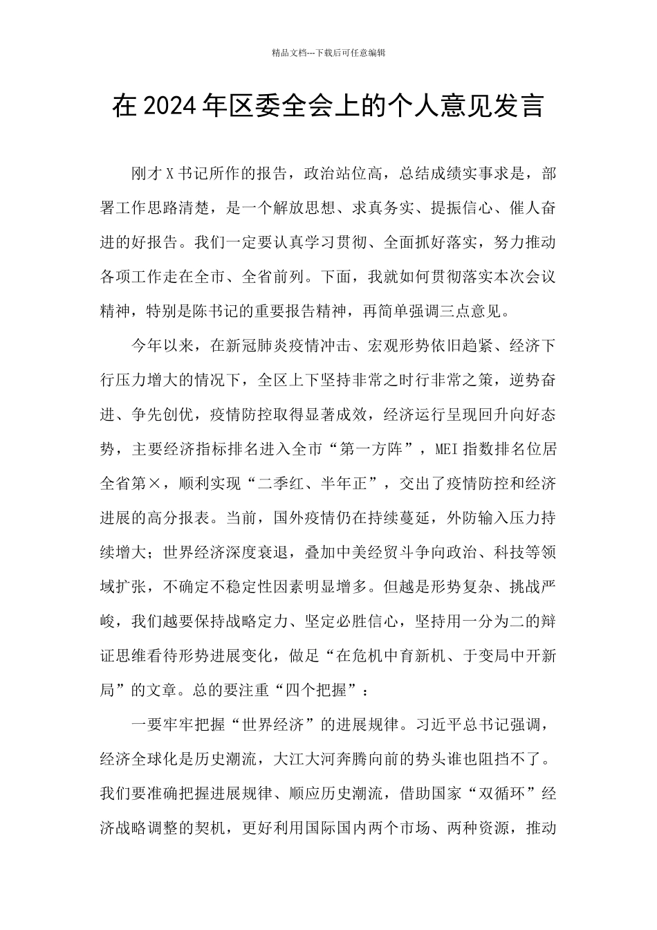 在2024年区委全会上的个人意见发言_第1页