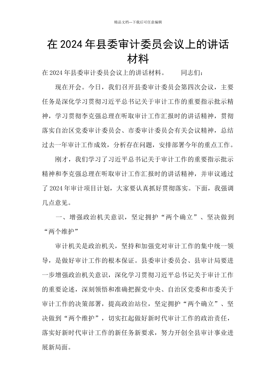 在2024年县委审计委员会议上的讲话材料_第1页