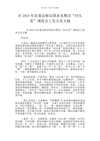 在2024年县委巡察反馈意见整改“回头看”调度会上发言范文稿