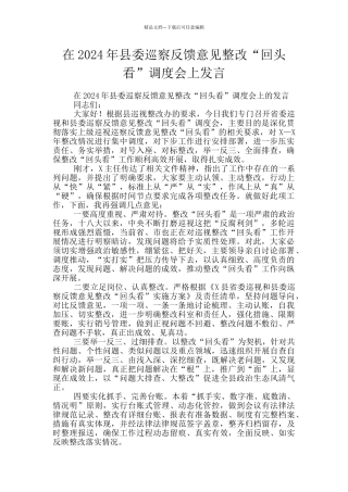在2024年县委巡察反馈意见整改“回头看”调度会上发言