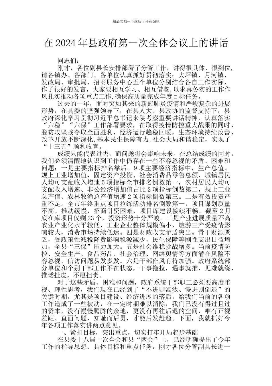 在2024年县政府第一次全体会议上的讲话_第1页