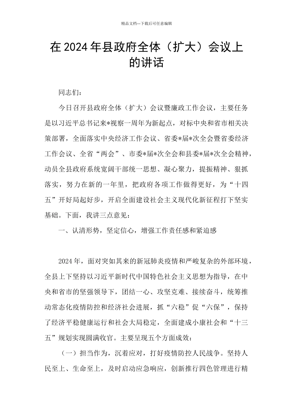 在2024年县政府全体会议上的讲话_第1页