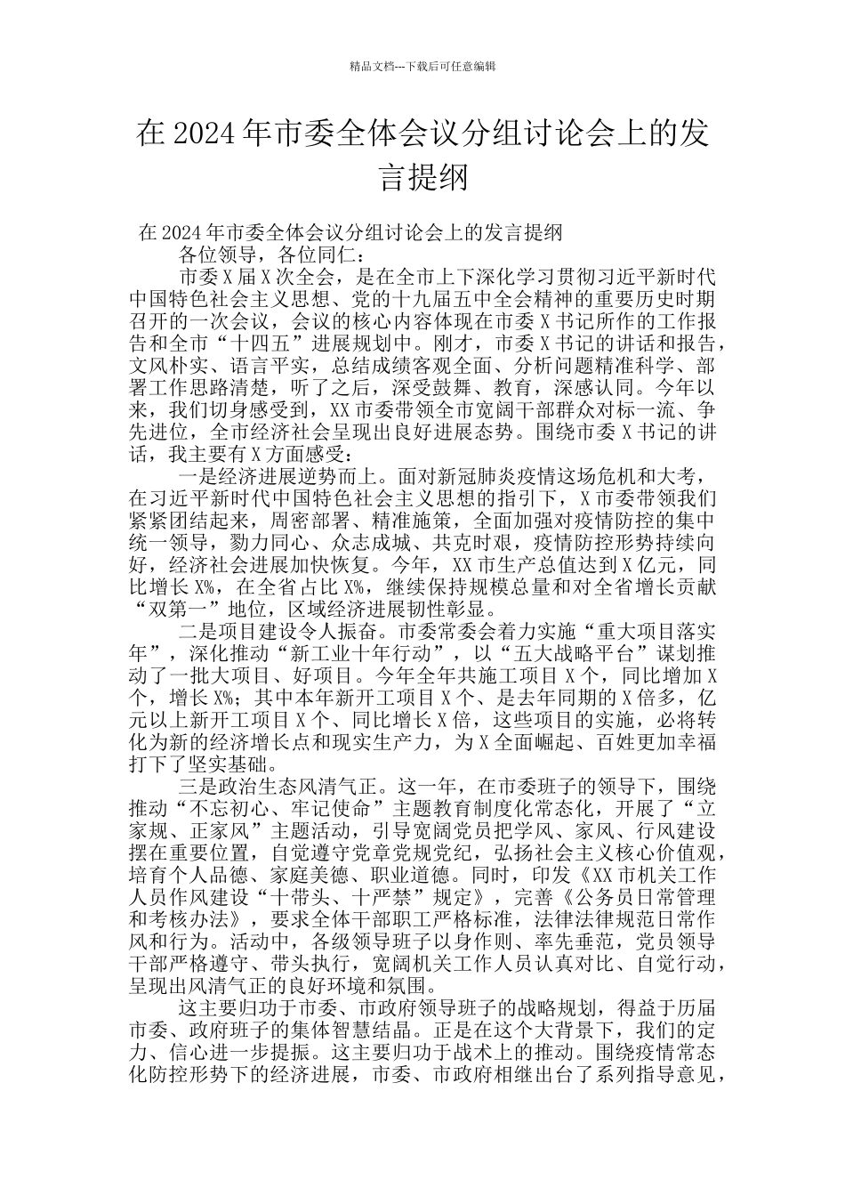 在2024年市委全体会议分组讨论会上的发言提纲_第1页