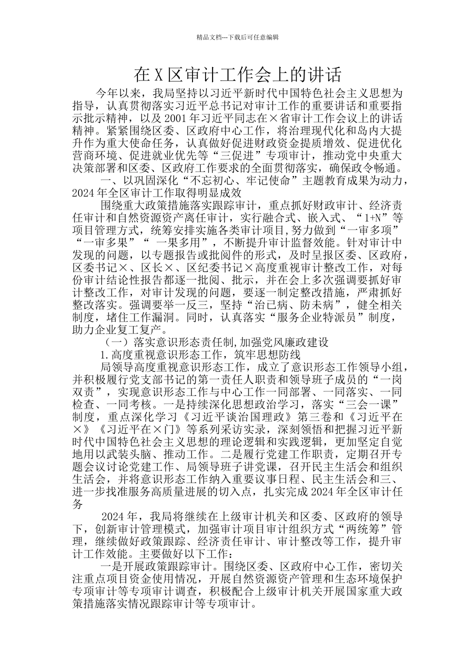 在X区审计工作会上的讲话_第1页