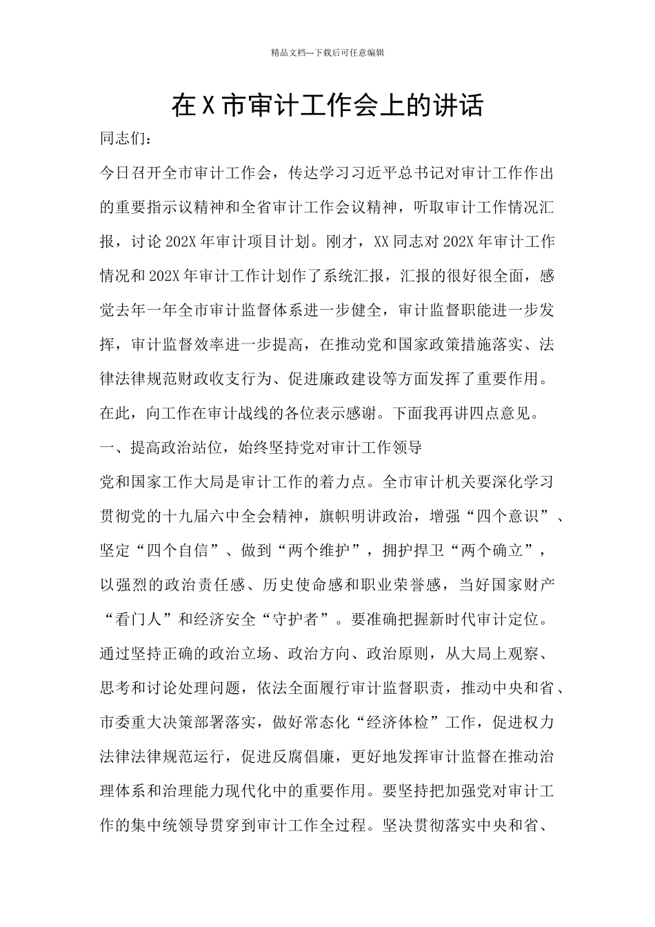 在X市审计工作会上的讲话_第1页