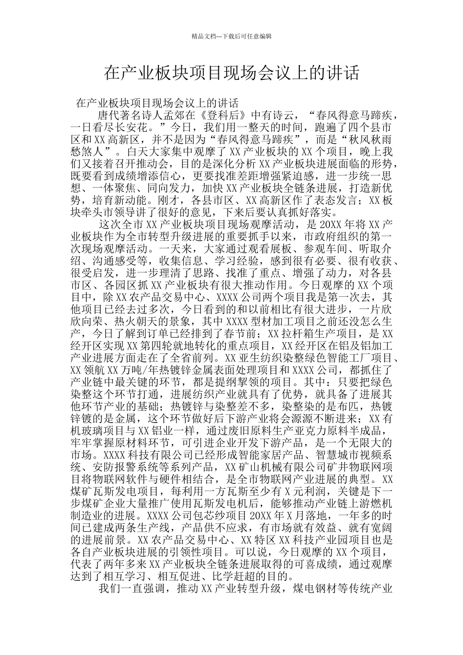 在产业板块项目现场会议上的讲话_第1页