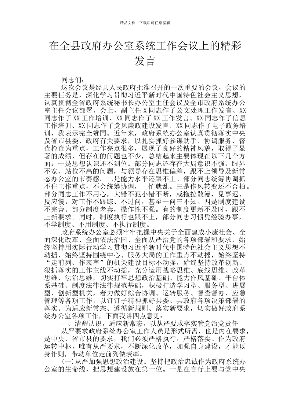 在全县政府办公室系统工作会议上的精彩发言_第1页