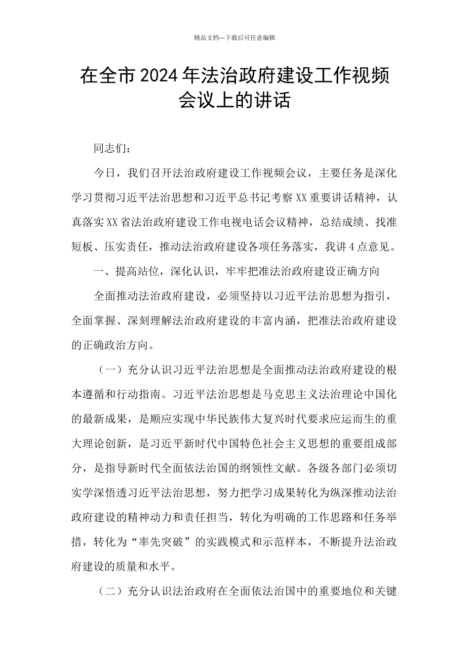 在全市2024年法治政府建设工作视频会议上的讲话_第1页