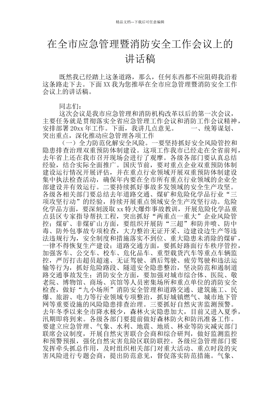 在全市应急管理暨消防安全工作会议上的讲话稿_第1页