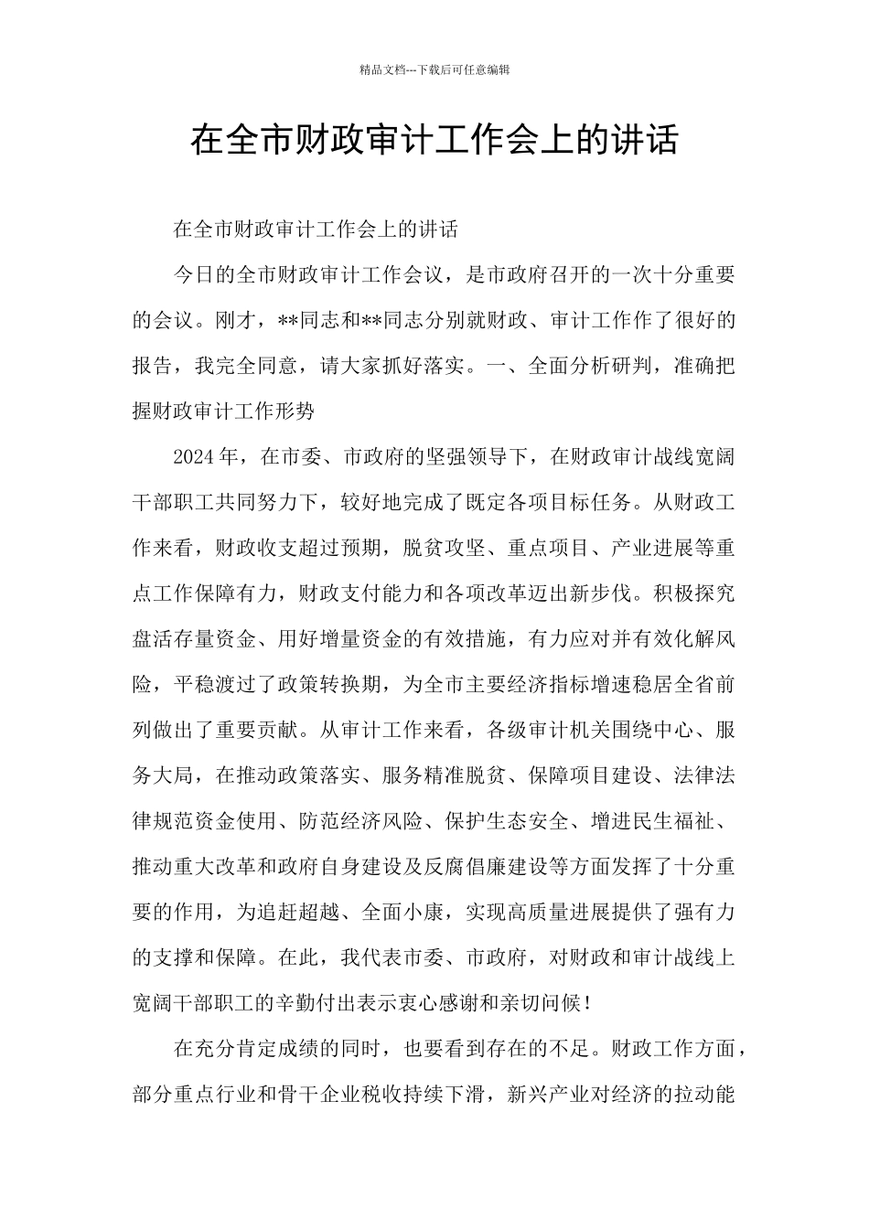 在全市财政审计工作会上的讲话_第1页