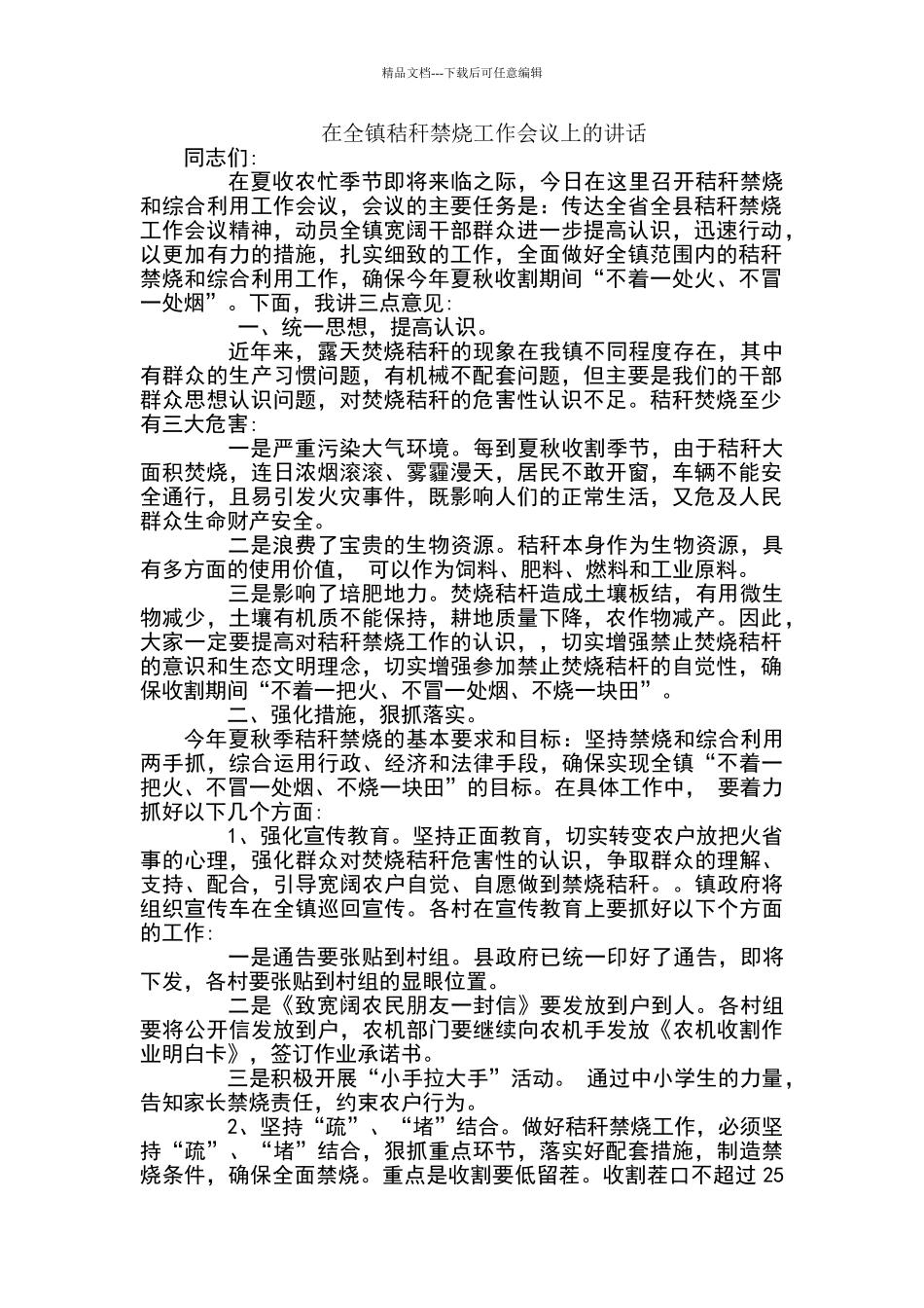 在全镇秸秆禁烧工作会议上的讲话_第1页
