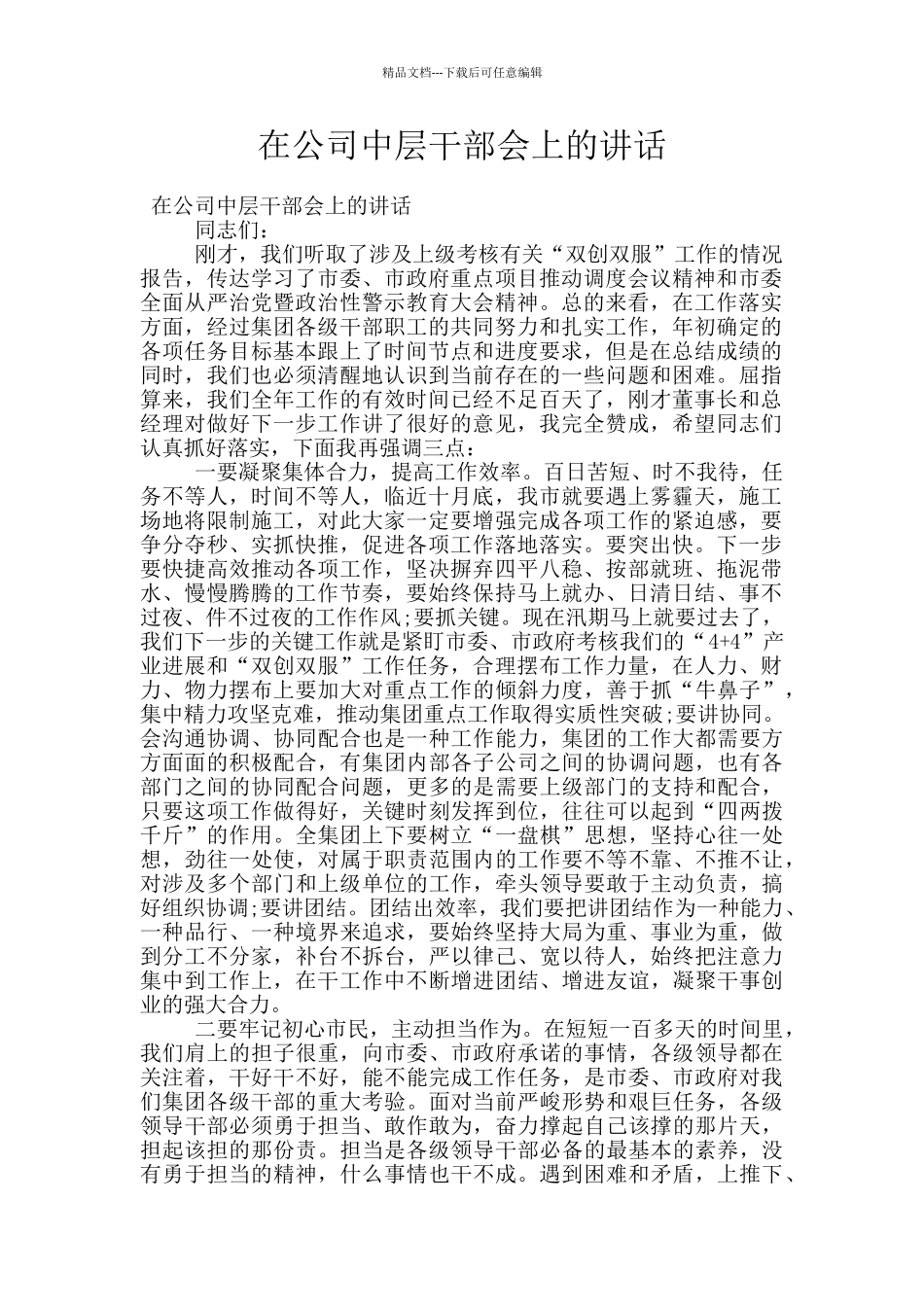 在公司中层干部会上的讲话_第1页