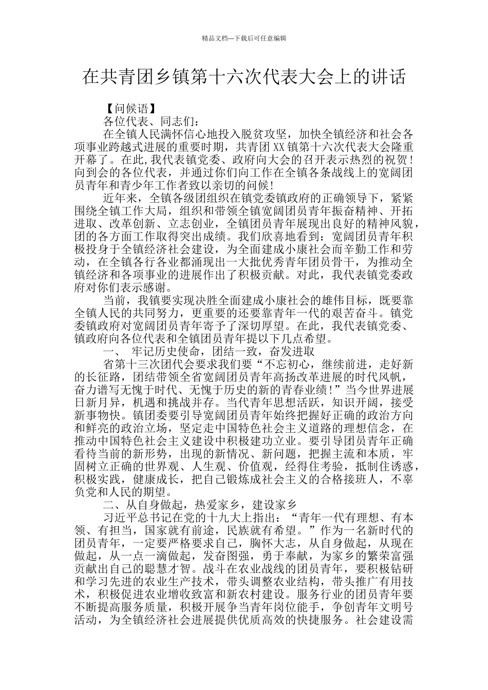 在共青团乡镇第十六次代表大会上的讲话_第1页