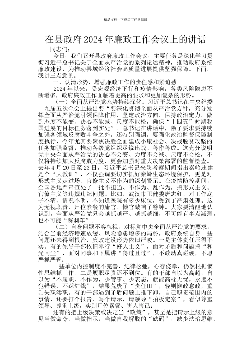 在县政府2024年廉政工作会议上的讲话_第1页