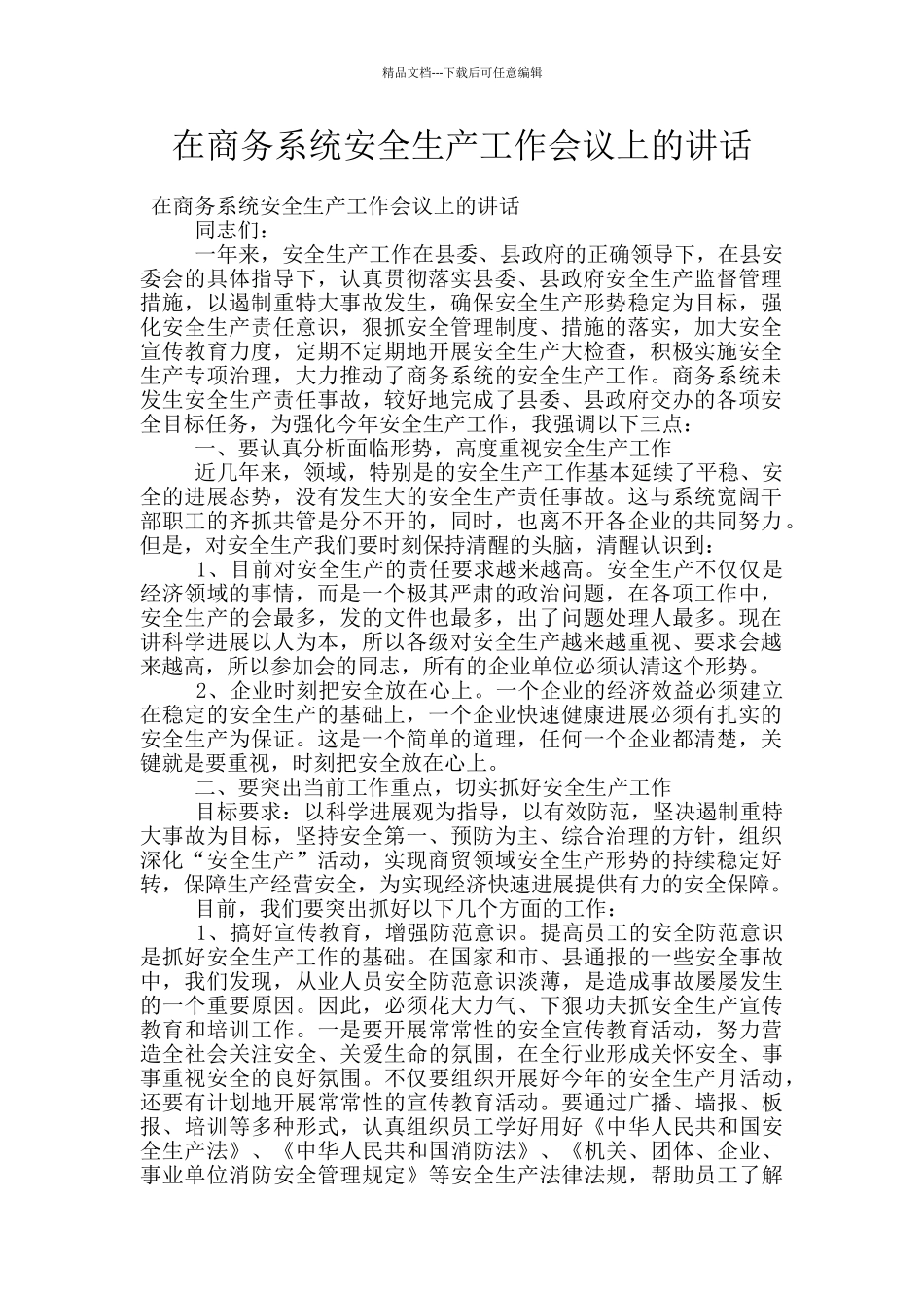 在商务系统安全生产工作会议上的讲话_第1页