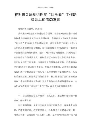 在对市X局党组巡察“回头看”工作动员会上的表态发言