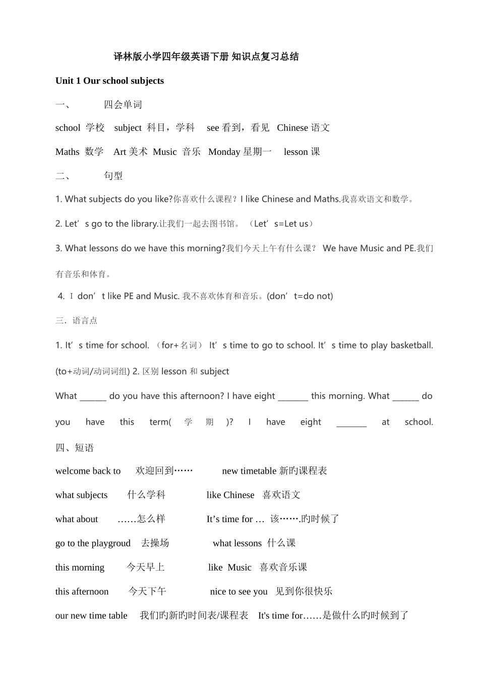 2025年译林版小学四年级英语下册知识点复习总结_第1页