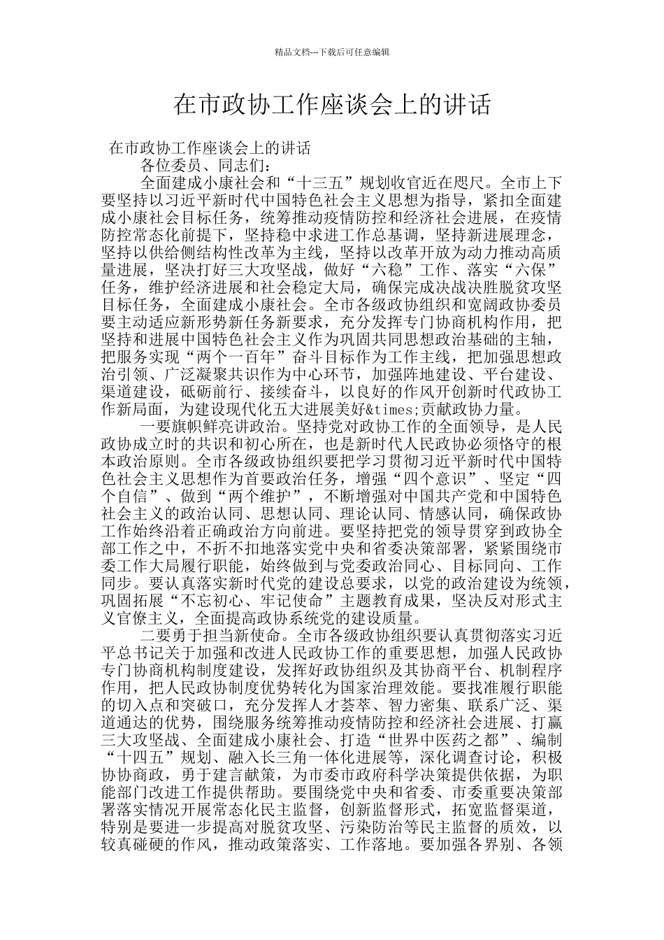 在市政协工作座谈会上的讲话_第1页