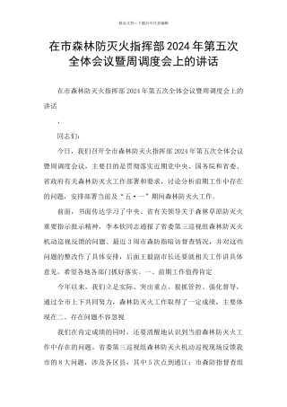 在市森林防灭火指挥部2024年第五次全体会议暨周调度会上的讲话