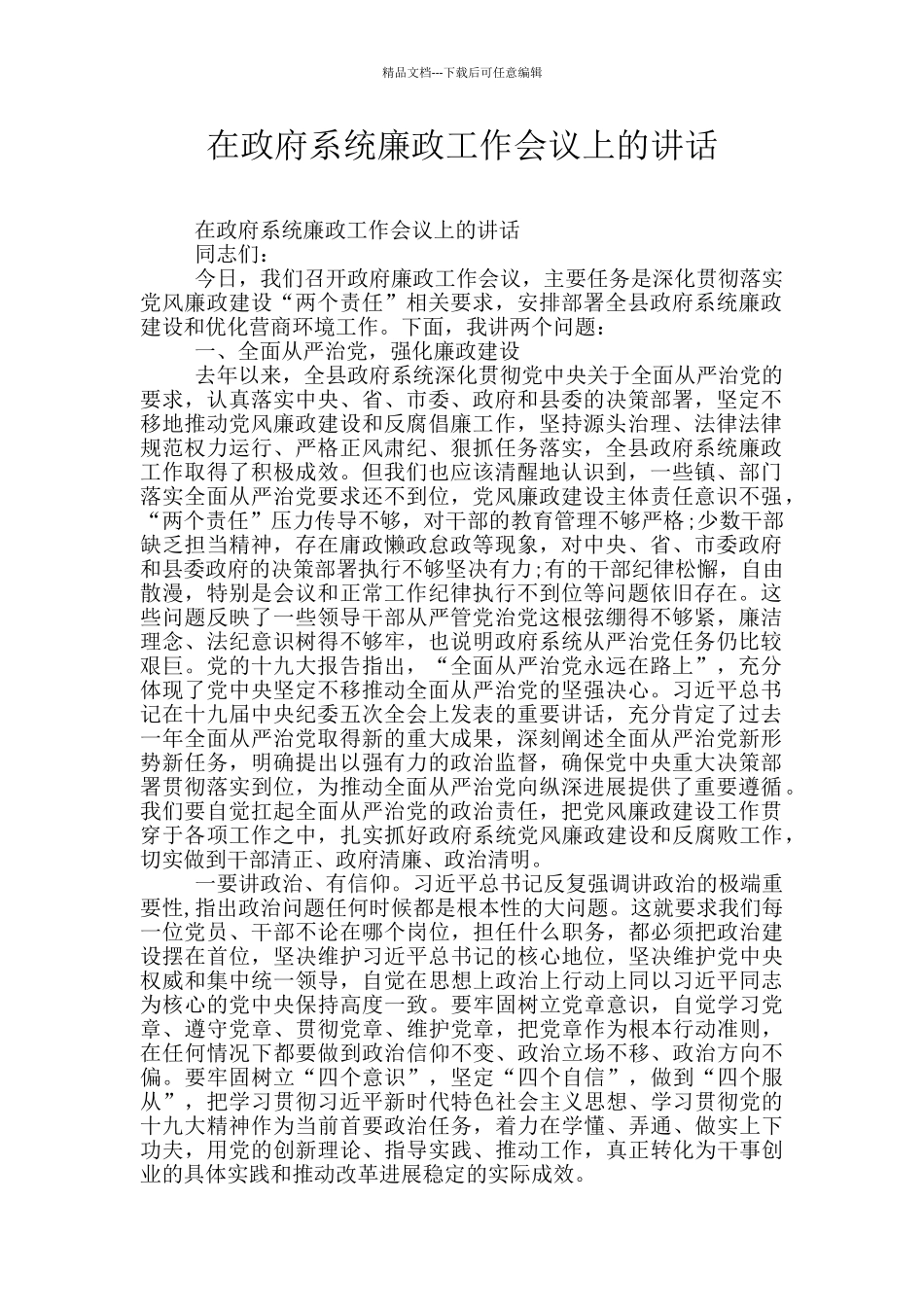 在政府系统廉政工作会议上的讲话_第1页