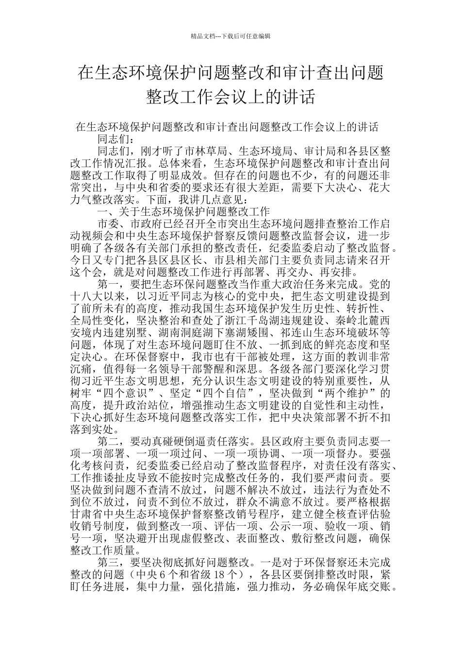 在生态环境保护问题整改和审计查出问题整改工作会议上的讲话_第1页