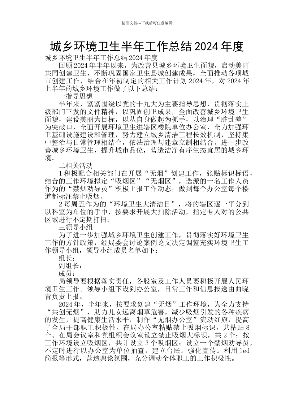 城乡环境卫生半年工作总结2024年度_第1页