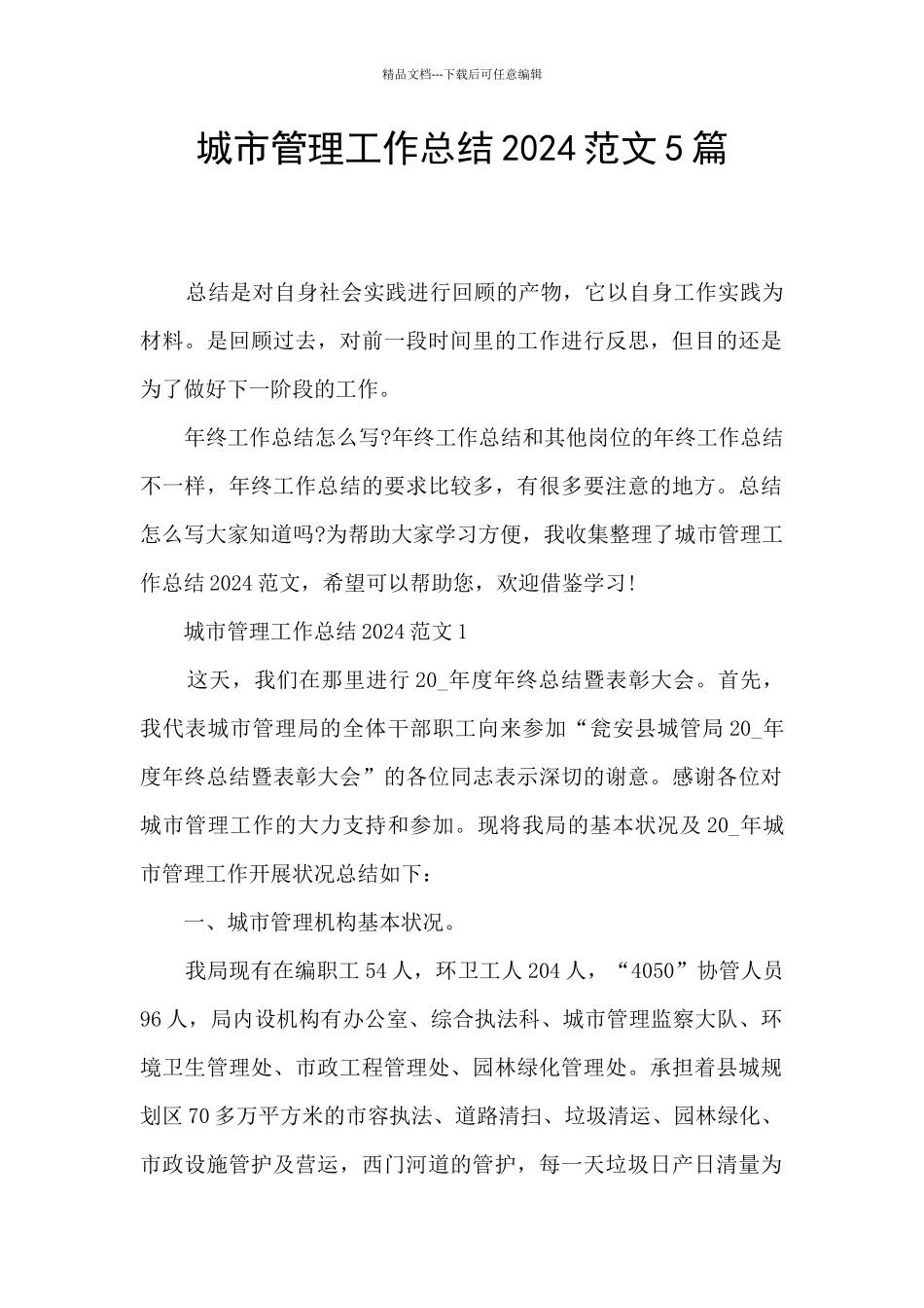 城市管理工作总结2024范文5篇_第1页