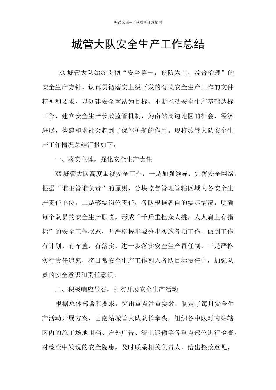 城管大队安全生产工作总结_第1页